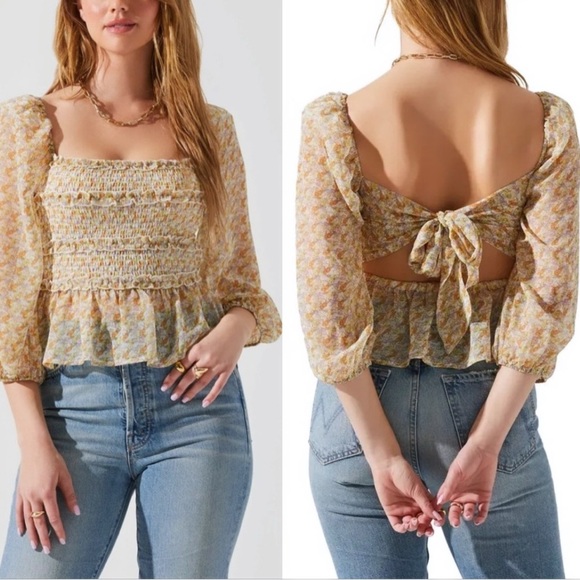 NWT ASTR THE LABEL Floral Smocked Peplum Top in Orange Purple Multi Sz. M - Picture 1 of 10